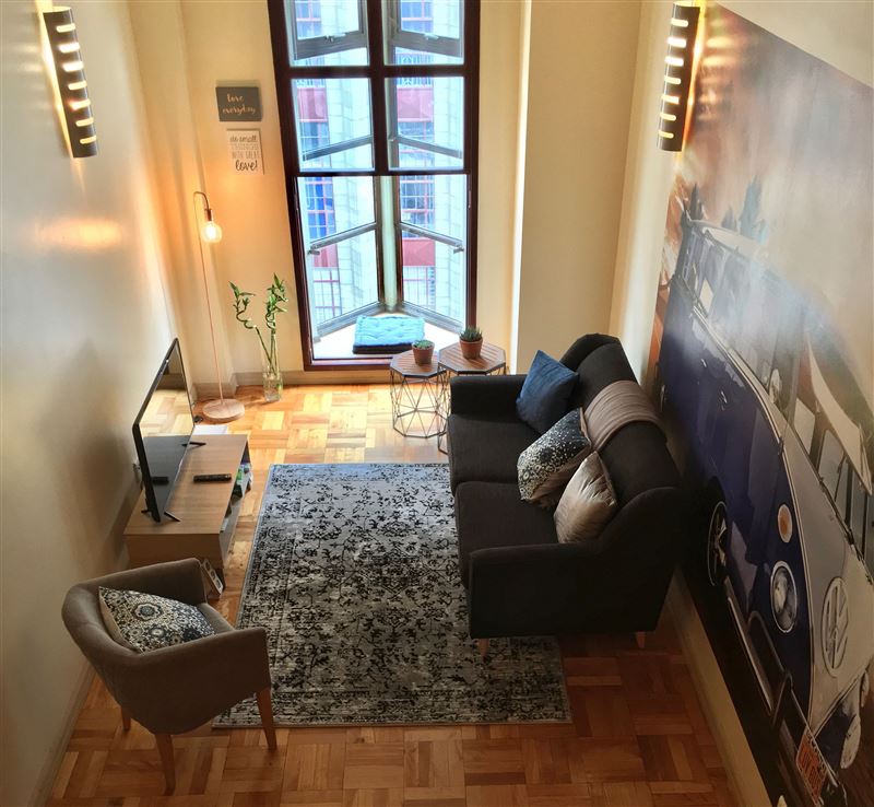 A view of the lounge from the double volume loft